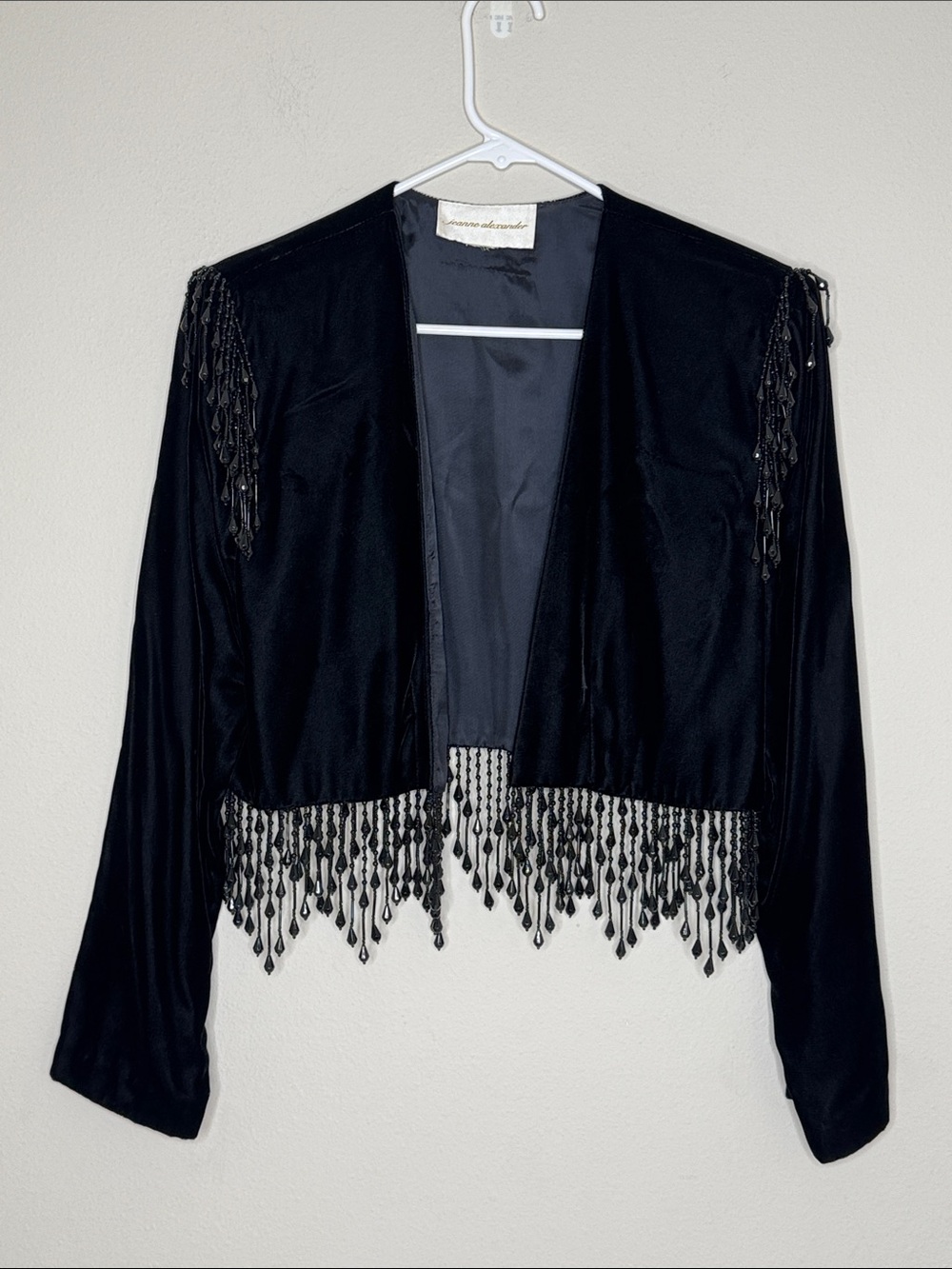 Jeanne Alexander Black Beaded Fringe Open-Front Bilero Blazer
